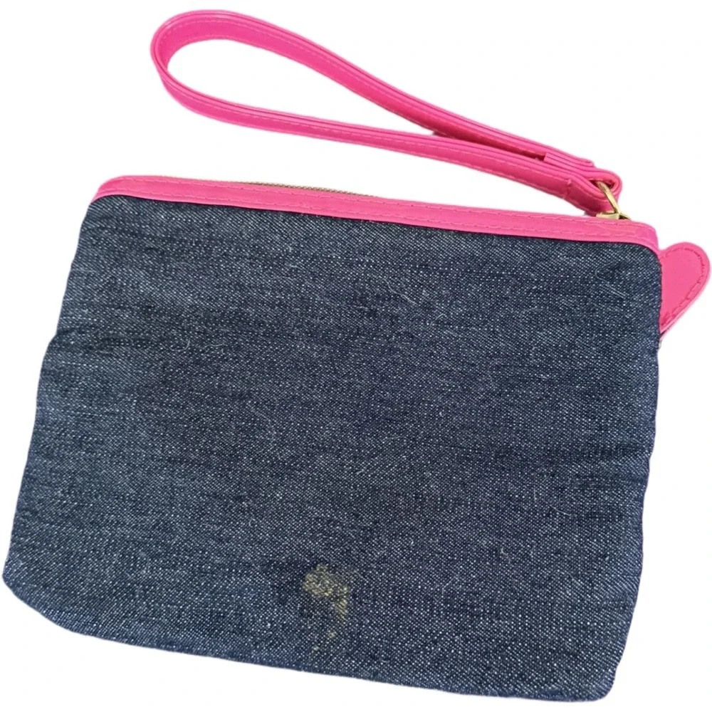 Modella Glam Wristlet Denim Pink Trim Peace Sign 2 Zip Cosmetic Bag Y2K Heart